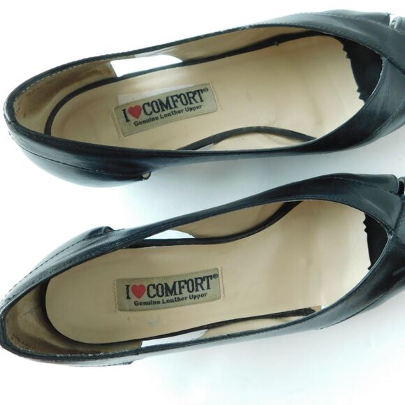I LOVE COMFORT Shoes VINTAGE Womens 7.5 Black Leather Heels Pumps, Open Toe EUC - Picture 8 of 16